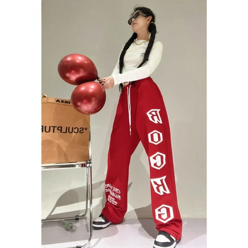 

Fashion Red Sweatpants Women Korean Style Letter Print Track Pants Korean Harajuku Oversized Hip Hop Joggers Y2k Streetwear