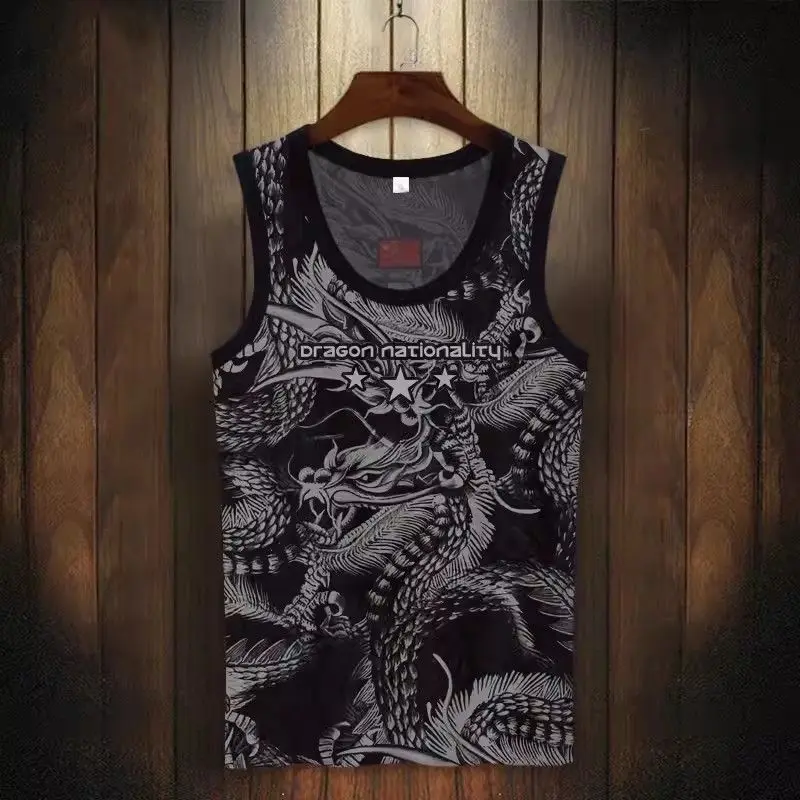 Summer Ice Silk Chinese 3D Dragon Black Running Tank Top Muscle Compression Gym Sleeveless T Shirt Y2k Streetwear Tops New