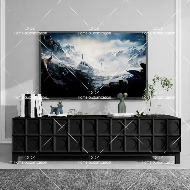 Minimalist Engraved TV Cabinet Large Flat Floor Living Room Audio Visual Cabinet Black Wall Mounted Floor Standing Custom 2m