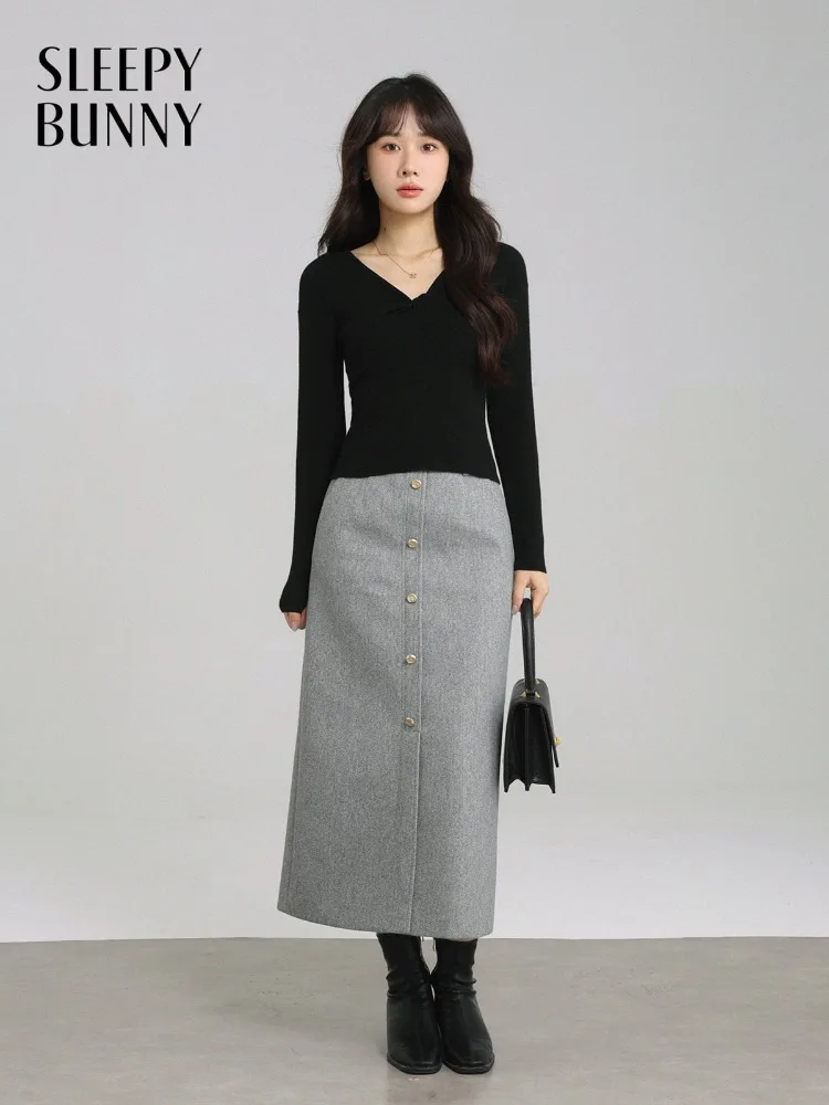 Elegant High Waist Wool-like Skirt Straight Midi Skirt Winter Warm Split Hem Petite Bodycon Skirt Women Fashion Casual Outfit