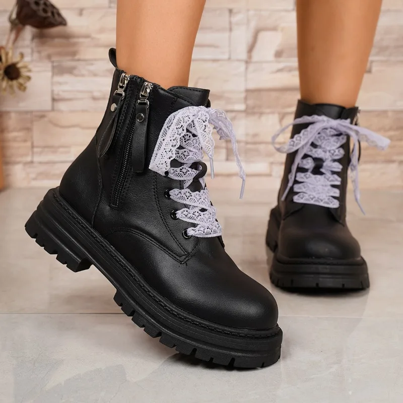 2026 New Lace Lace Up High Top Vasual Women's Ankle Boots Spring Autumn Fashion Round Toe Thick Soled Comfortable Women Shoes