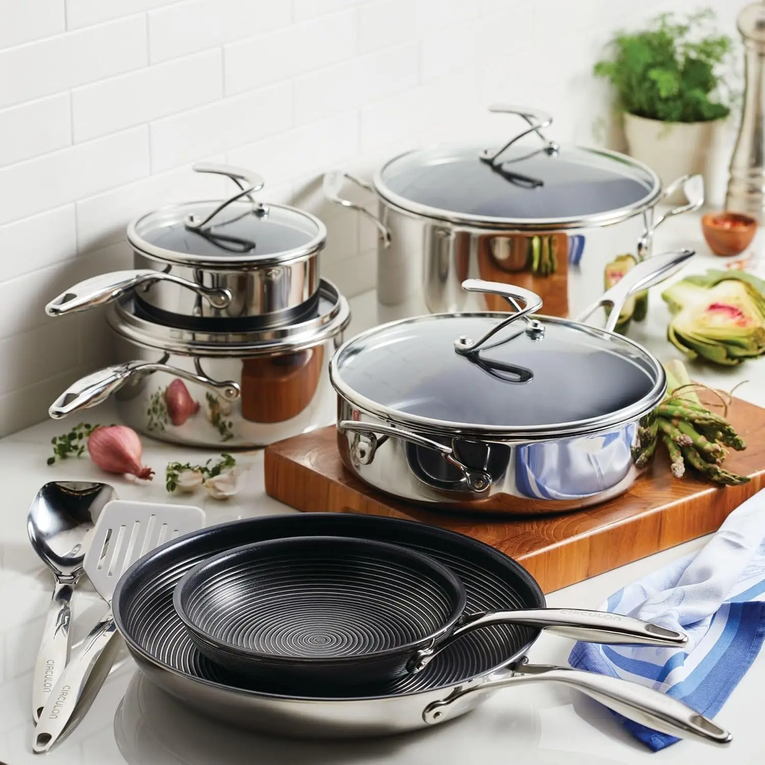 Clad Stainless Steel Cookware Pots and Pans and Utensil Set with Hybrid SteelShield and Nonstick Technology, 12 Piece