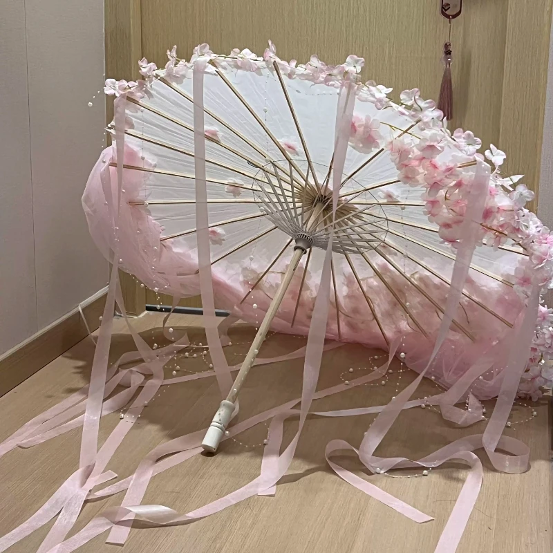 Elegant Ancient Style Floral Parasol Lolita Hanfu Accessory Flowy Decor Prop for Cosplay Catwalk Photography & Dance Ornament