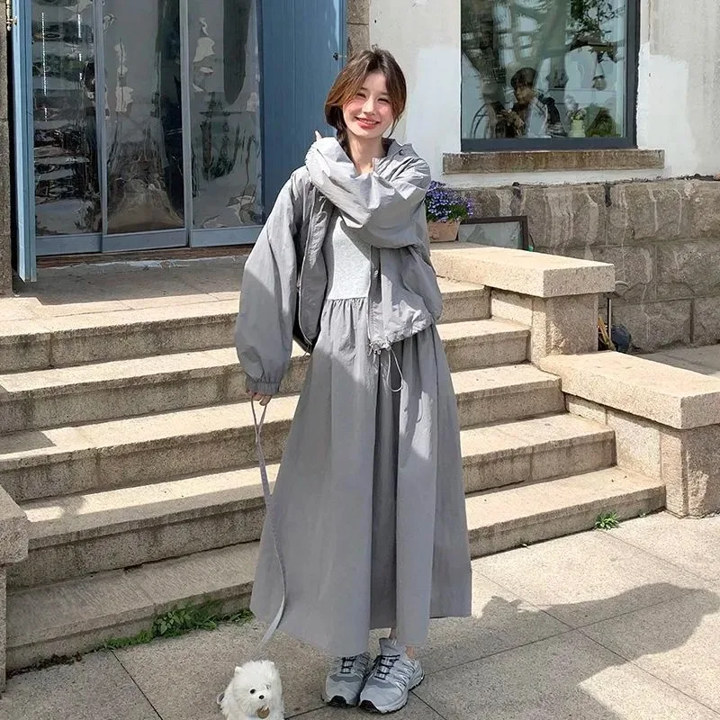 Women Loose Hooded Windbreaker And Sleeveless Dress Two Piece Outfit Casual Spring Autumn Sets