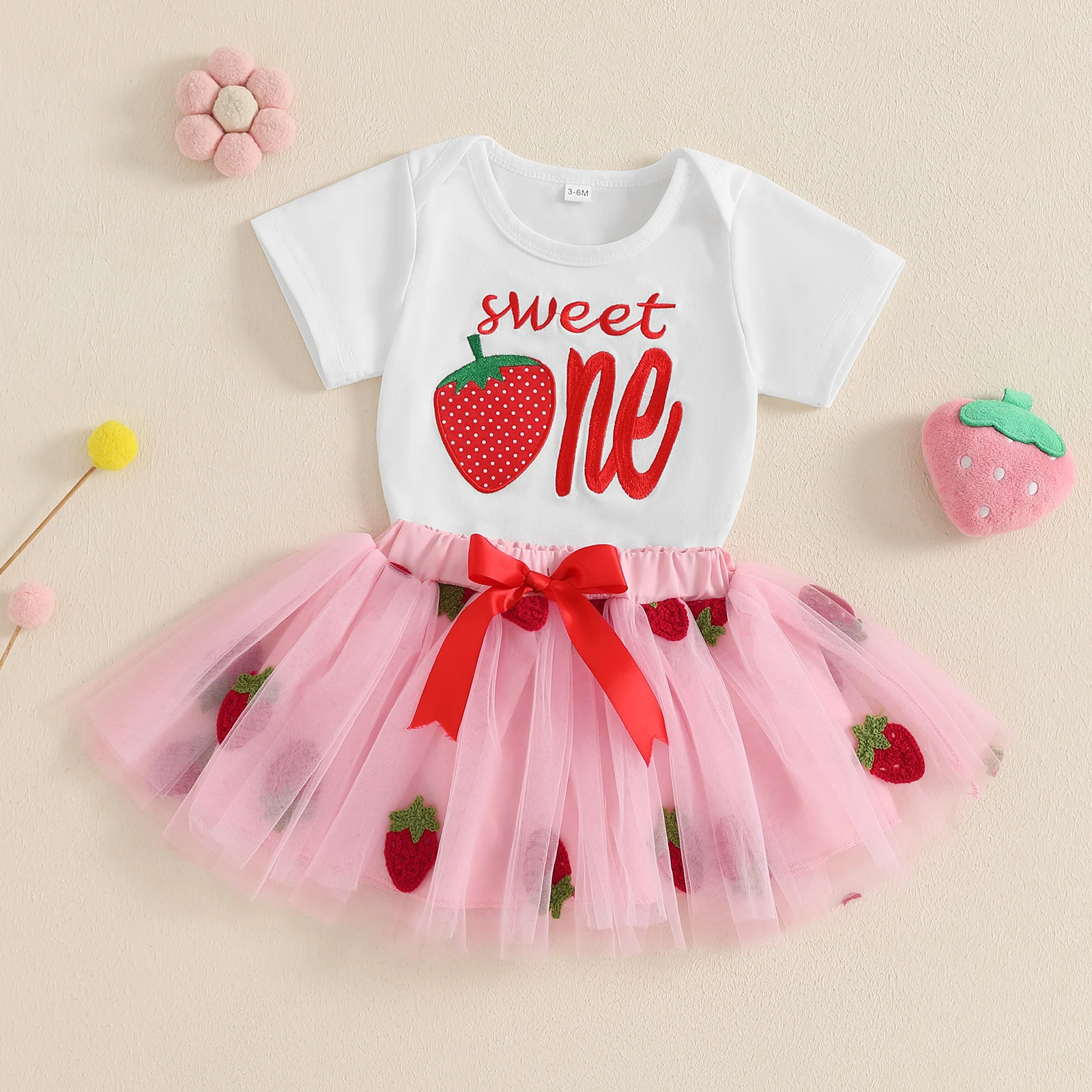 Baby Girl Strawberry First Birthday Outfit Letter Embroidery Short Sleeve Romper Bow Tulle Skirt 2 Pcs Set
