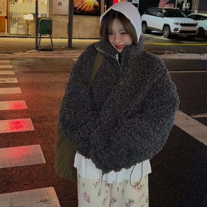 

Женская шикарная зимняя верхняя одежда, свободный крой, шерстяной рулон на молнии, повседневный открытый кардиган с воротником-стойкой, длинный топ све