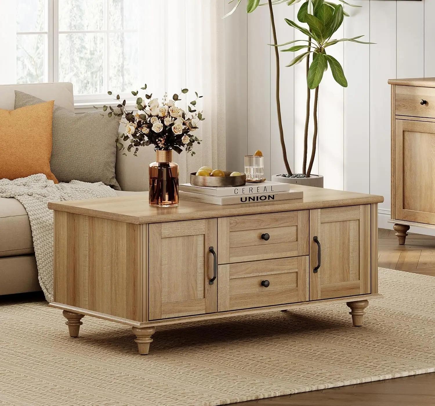 Farmhouse Coffee Table Storage Cabinet & Drawer 42 Inch Oak, Customized