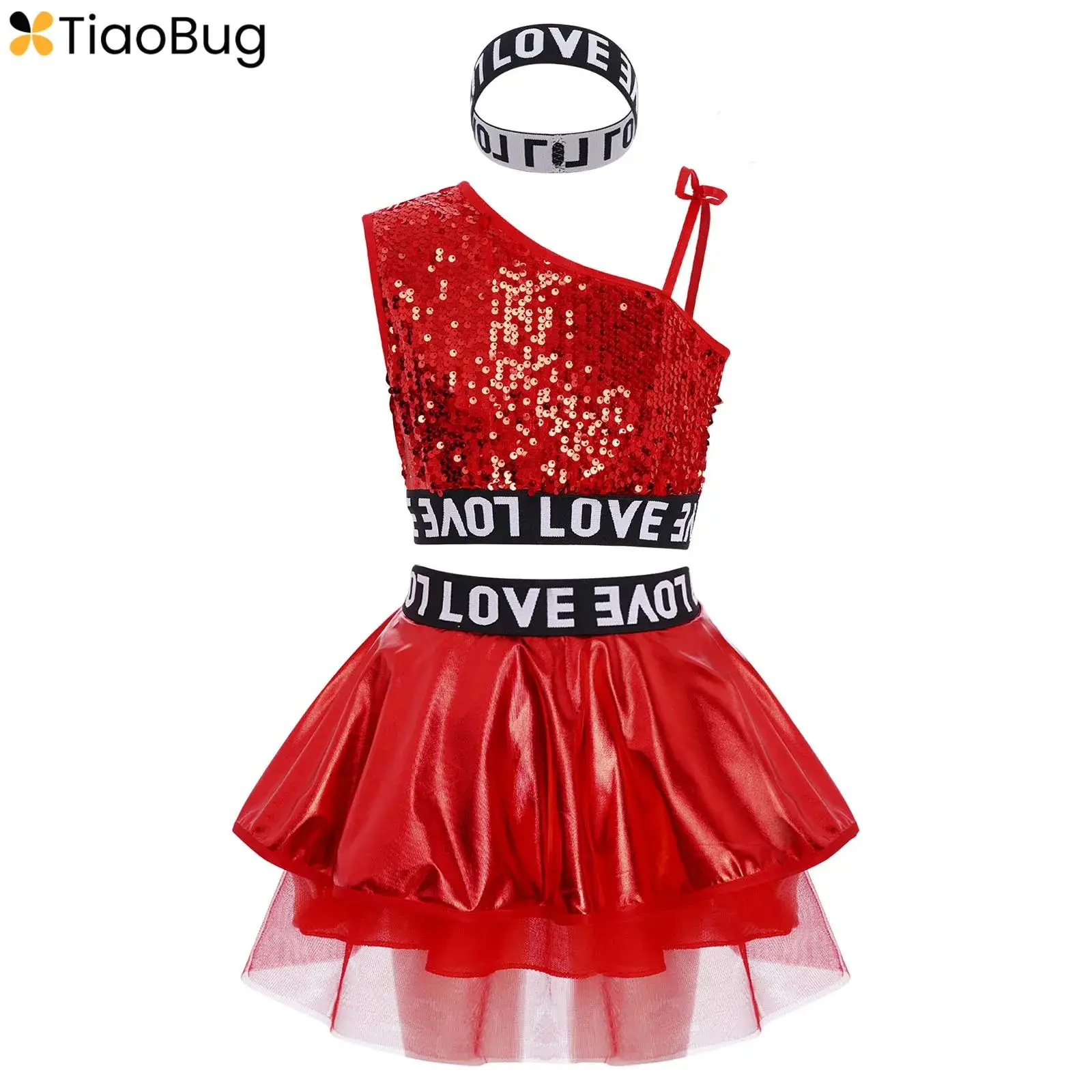 

Girls Hip-Hop Jazz Dance Costume 3-Piece Sleeveless Sequins Vest Top+Metallic Tutu Skirt+Letter Printed Hairband Streetwear