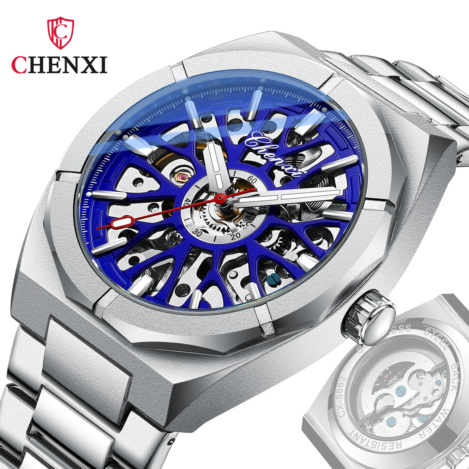 2026 New Fashion Chenxi Tp Brand Hollow Transparent Bottom Fully Automatic Mechanical Men's Luminous Waterproof Business Watches
