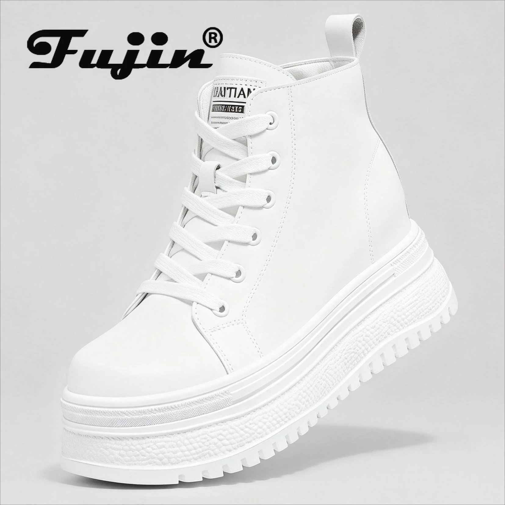 

Fujin/женская повседневная обувь с высоким берцем 8 см, кроссовки на платформе из натуральной кожи, белые туфли, ботильоны, осенне-зимняя прогулочная обувь