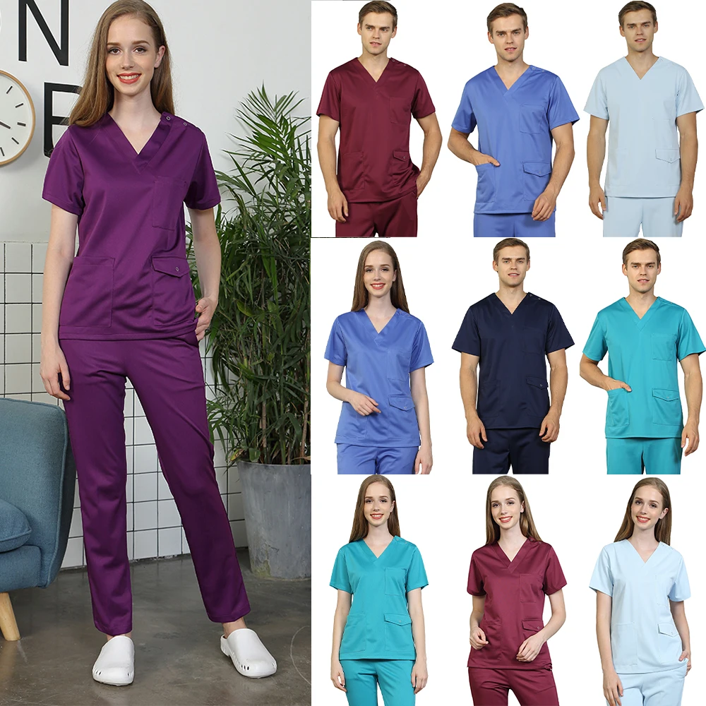 

Women Men's Silky Scrub Uniform Nursing Workwear Solid Color Scrubs Set Anti-static Top and Pant Medical Nurse Working Suits 302