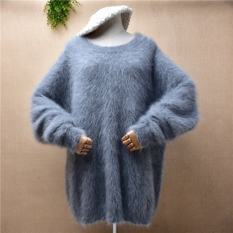 Elegant casual ladies women 100% mink cashmere knitted o-neck long batwing sleeves loose lazy oaf angora fur jumper sweater pull