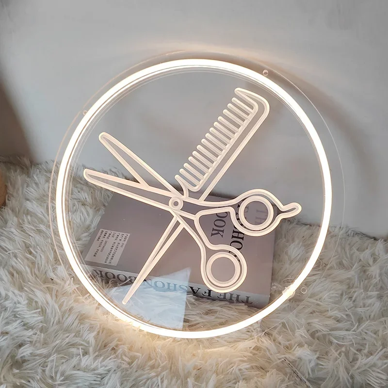 LED Neon Sign Scissors Nails Luminous Characters Ambience Light Barber Shop Comb Hair Salon Room Decor Luces Led Para Habitacion