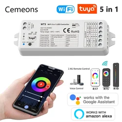 Controlador de tira conduzido Tuya-smart, CC 12v, 24v, 5 canais, dim, rgb, rgbw, rgbww, rgbcct, 2,4g, rf, google plus controle de voz