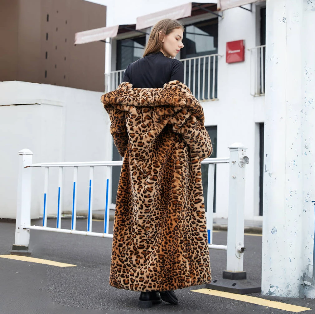 Winter Mode Lose Verdicken Outwear Luxus frauen Flauschigen Leopard Print Mantel Faux Pelzmantel Straße Volle Hülse Weiblichen Mantel