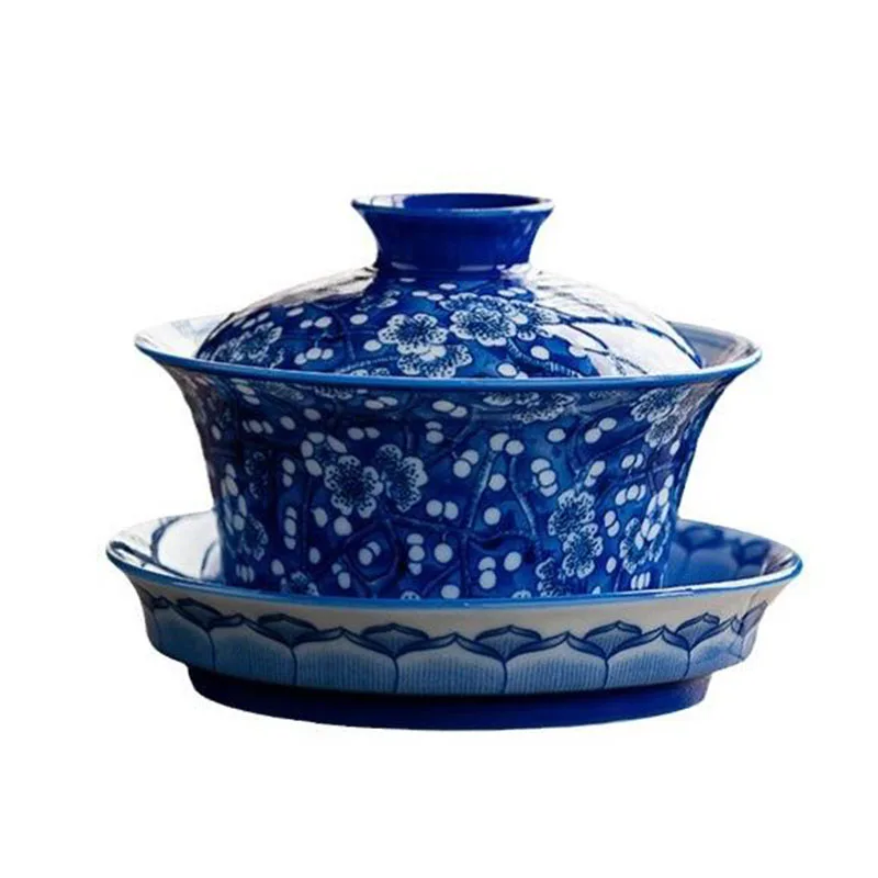 Porcelain Blue and White Plum Blossom Pattern Sancai Gaiwan Kungfu Respect Tea Cup Infuser Tea Bowl Kitchen Teaware