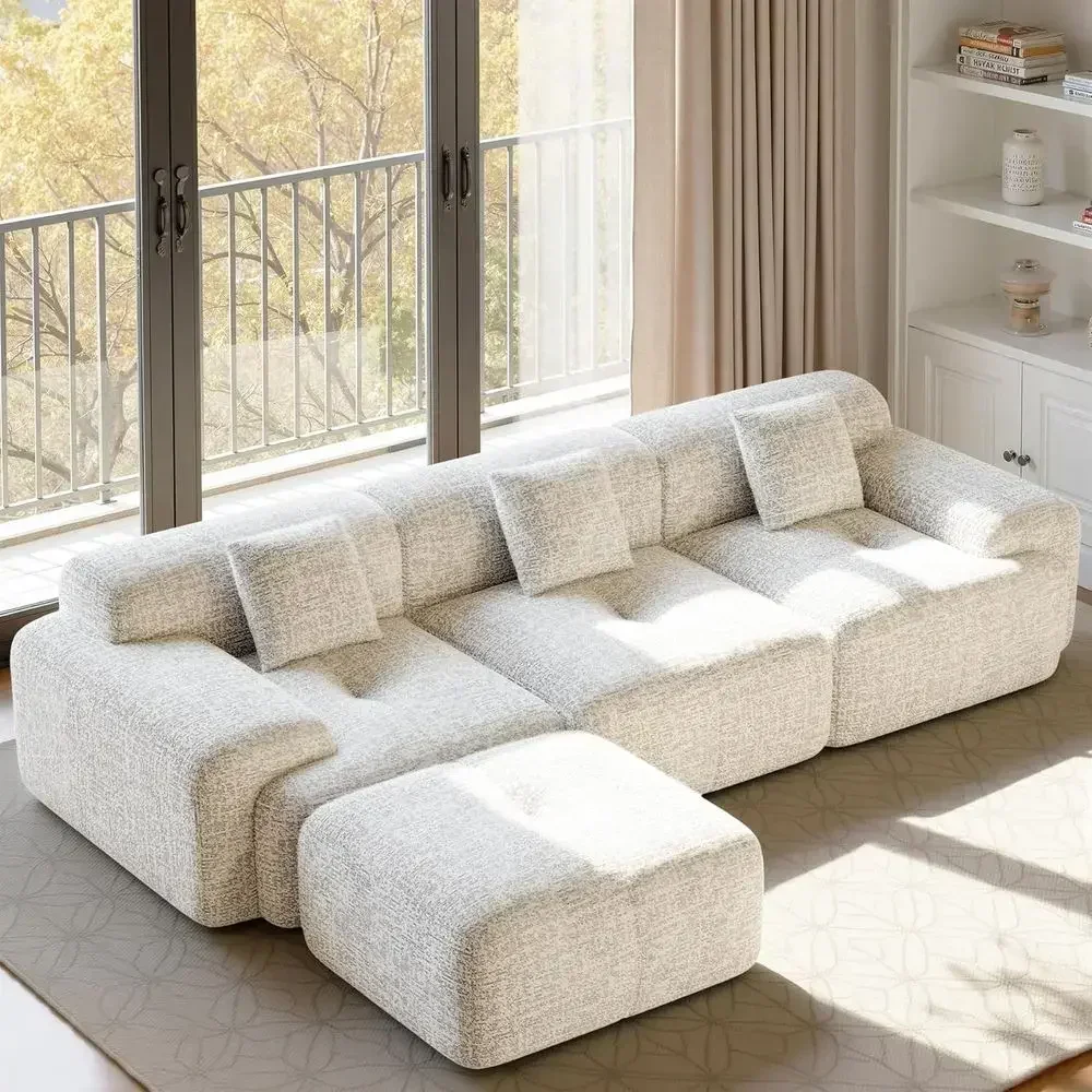 122 L-Shaped Convertible Chaise Sofa, Cloud Sectional Couch with Ottoman, 4-Person Chenille Living Room Set, Beige, Ready to Use