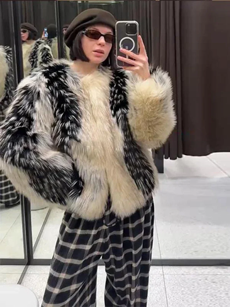 시크한 인조 모피 여성 코트 우아한 O넥 싱글 브레스티드 긴 소매 두꺼운 여성 아우터 2025 겨울 여성 스트리트 재킷