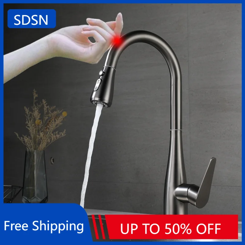

Grey Touch on Kitchen Sink Faucets with Pull Down Kitchen Faucet Accessories Stainless Steel Touch Pull Out Kitchen Mixer Tap