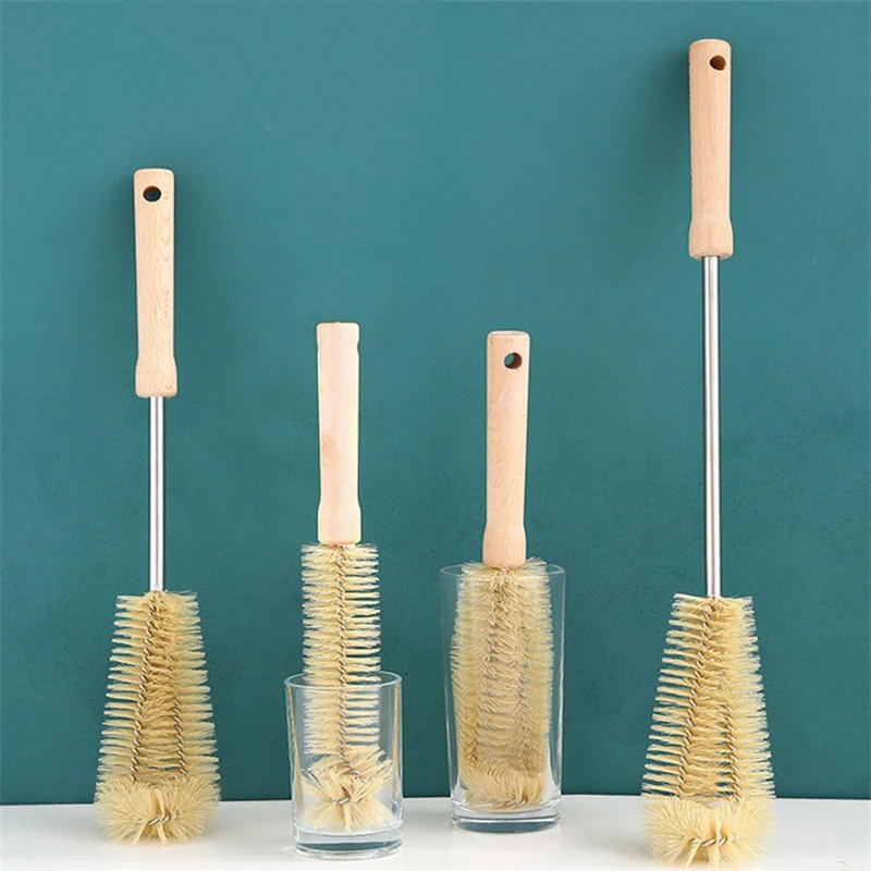 Brosse de nettoyage de bouteilles en bois avec long manche, brosse de lavage pour nettoyer l'intérieur des bouteilles, brosse pour nettoyer les biberons QJS002