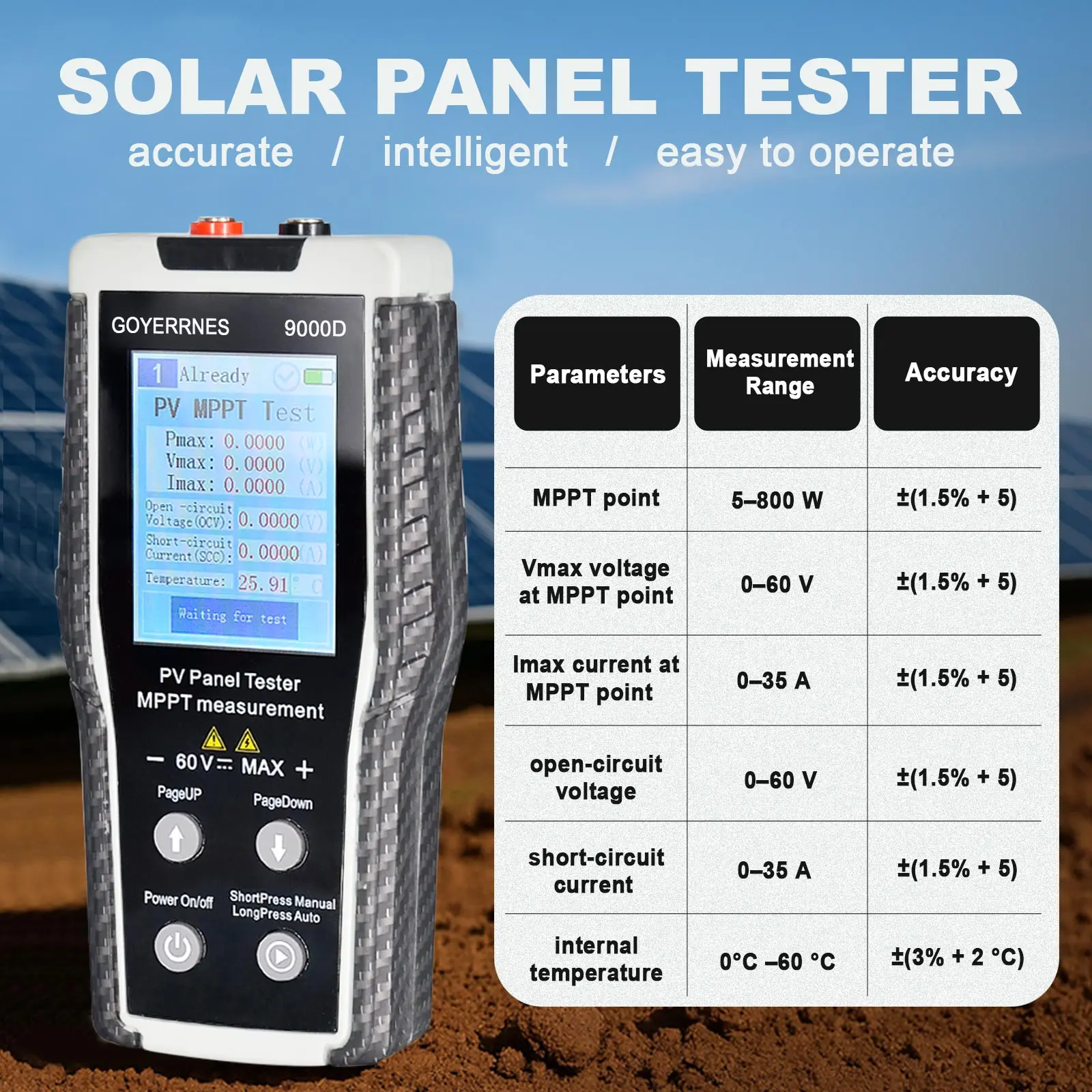 

Solar Panel Tester MPPT Meter 800W Max Power 60V/35A PV Module Tester for Voc/Isc with Data Recording for Renewable Energy