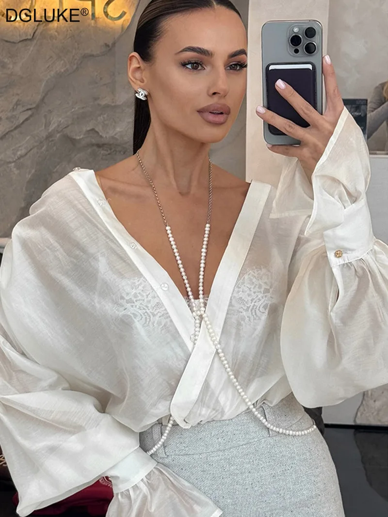 

DGLUKE Sexy Sheer Long Sleeve Shirt Woman Lantern Sleeve Button Up Loose Shirt Fashion Thin Summer Shirt White Pink