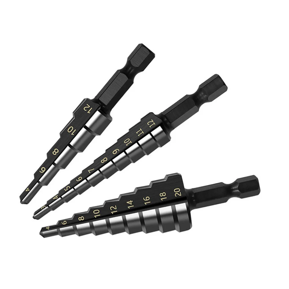 4pcs Drill Bits Nitrogen Coated Straight Groove Step Drill Bits 3-12mm 4-12mm 4-20mm Hole Cutter Power Tool Accessories