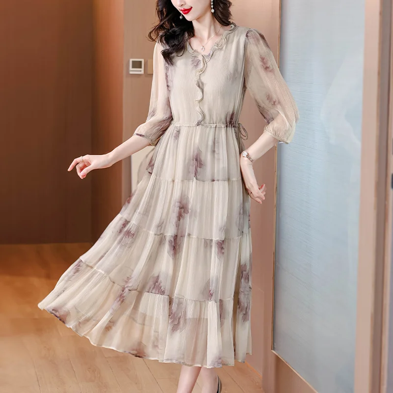 2024 Summer New Silk Short Sleeves V-Neck Dress Women\'s Printed Loose Large Mesh Spliced Slim Knee Length A-line Long Dress