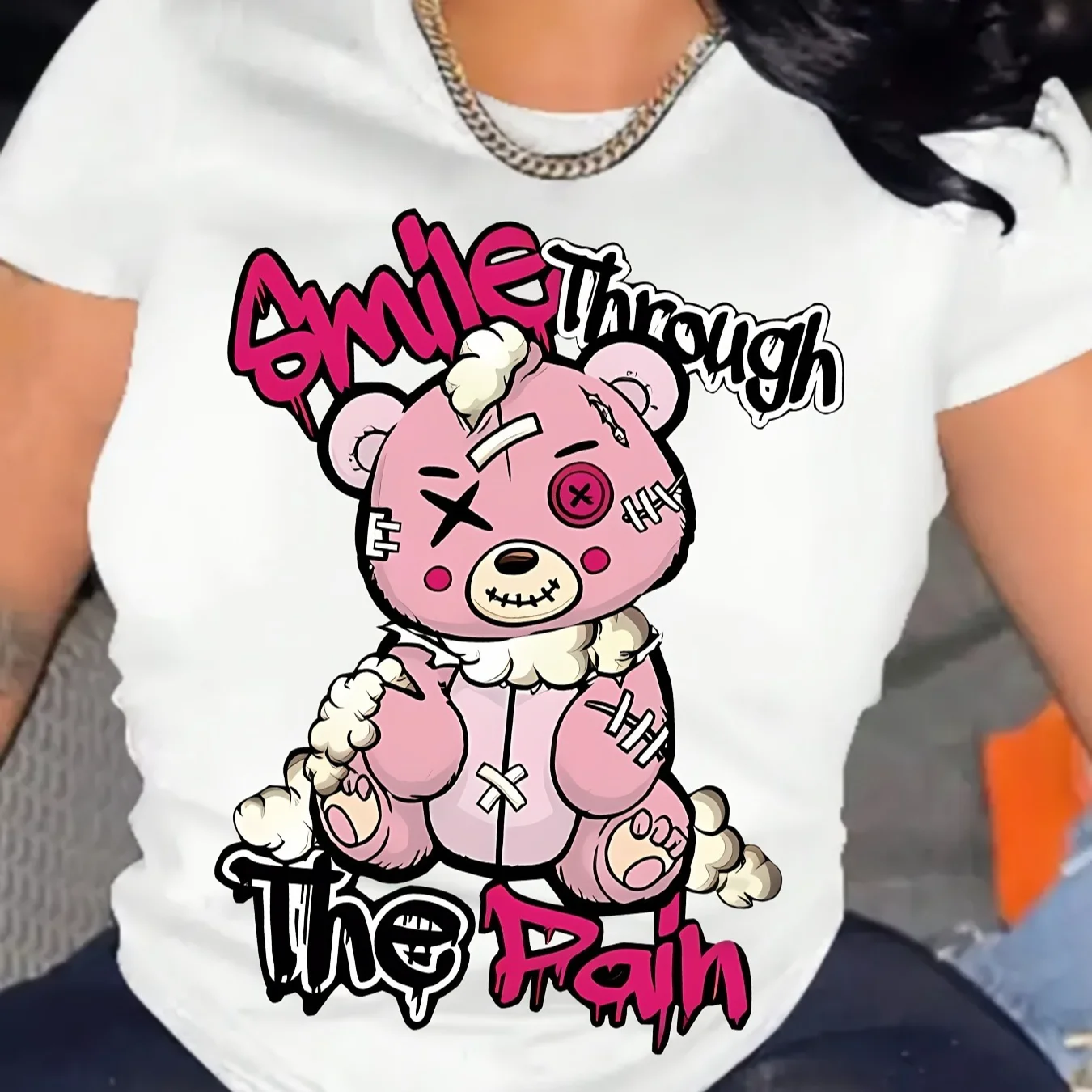 Smile Through The Pain Broken Pink Bear Graphic T‑Shirt Streetwear Hip Hop Harajuku Casual Unisex Oversized Short Sleeve Tee Top