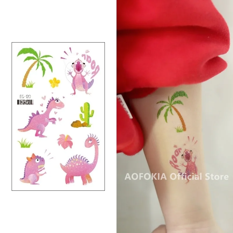 Cute Dino Glitter Temporary Tattoo Kids Cartoon Dinosaur Sticker Disposable Children Gift Party Make Up tatouage temporaire