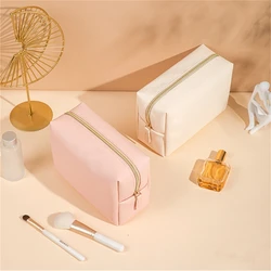 Women Cosmetic Bag Waterproof PU Leather Solid Color Makeup Pouch Travel Portable Wash Toiletry Storage Bag Organizer Purse