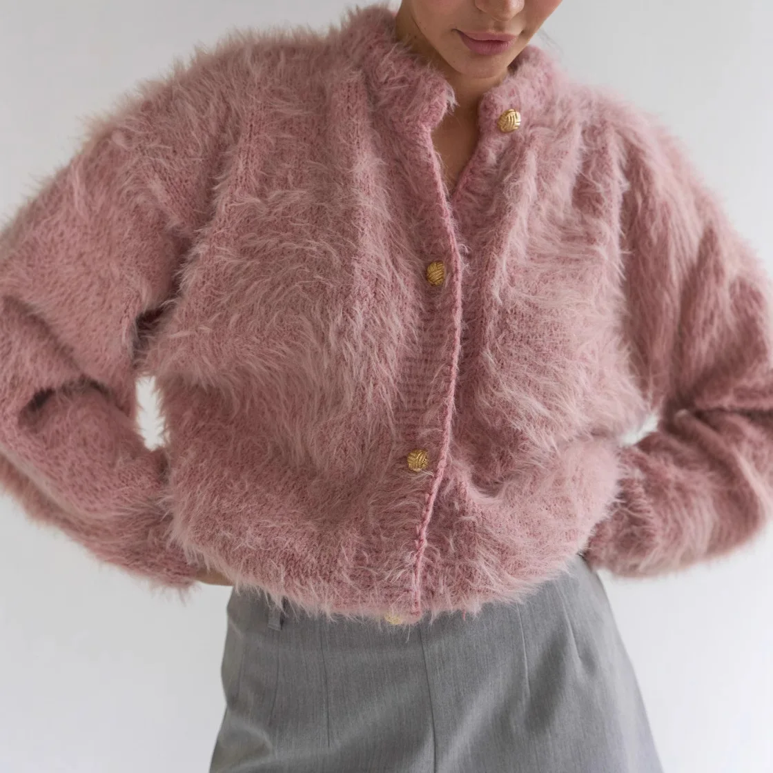 

Sweet Pink Fuzzy Knitted Cardigan For Women Fashion Long Sleeve Button Soft Loose Sweater Lady Autumn Chic Street Outerwear