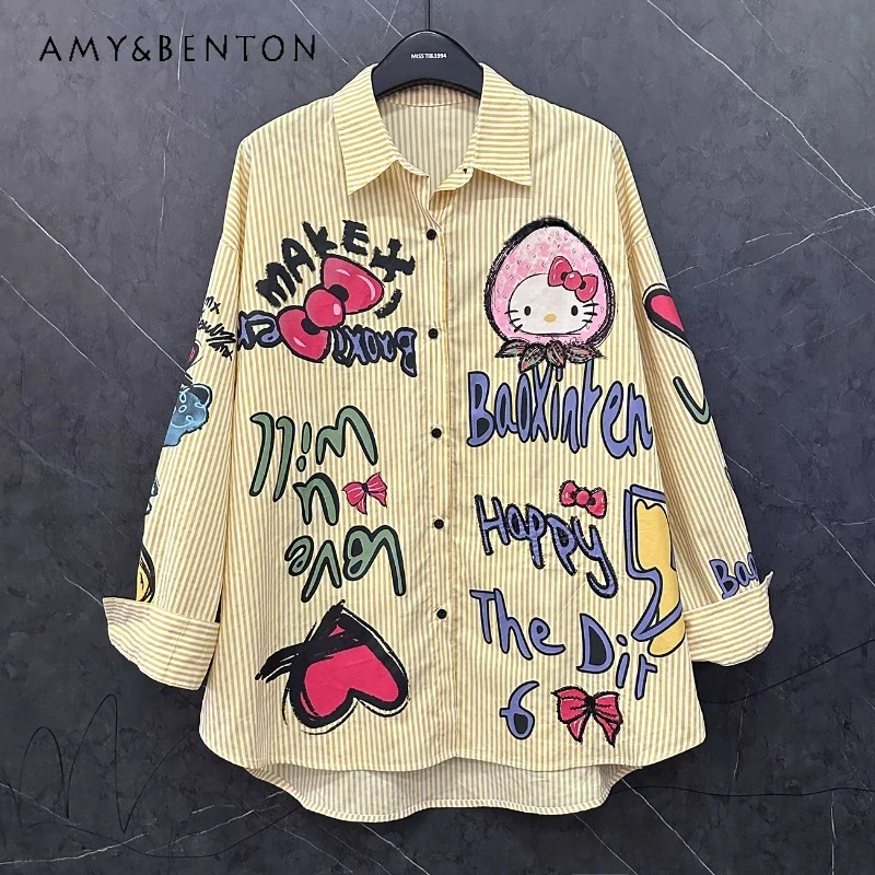 

Unique Design Spring Sweet Age-reducing Strawberry Cartoon Cat Long-sleeved Striped Shirts Women's Loose Casual Style Top Blouse