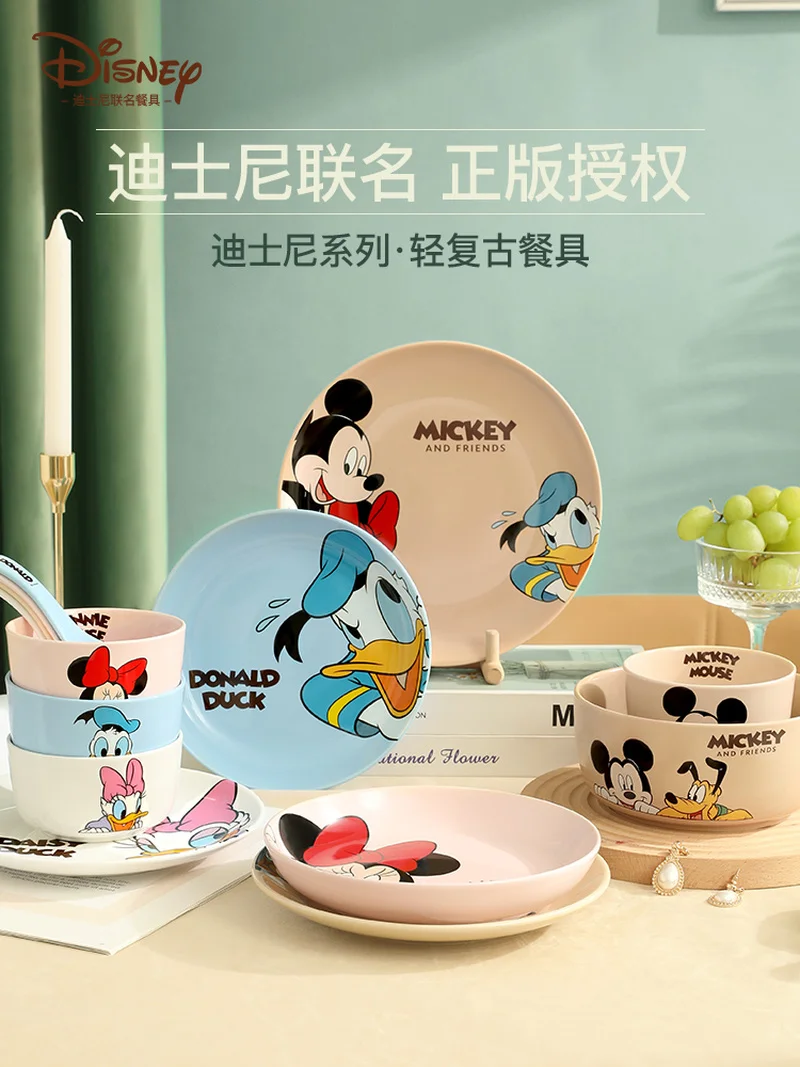 

New Disney Mickey Mouse Ceramic Plate Figure Mickey Minnie Donald Duck Daisy Pattern Cartoon Anime Cute Household Rice Bowl Gift