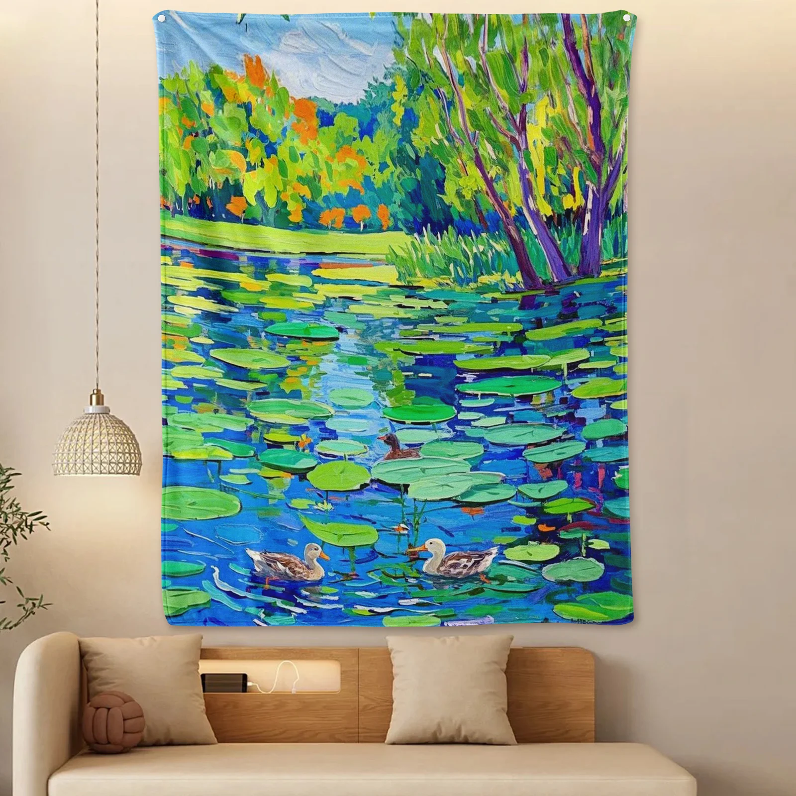 Couverture inspirée du lac de David Hockney avec feuilles de Lotus, arbres et canards, pour la décoration de la maison et la chaleur avec un Design esthétique moderne