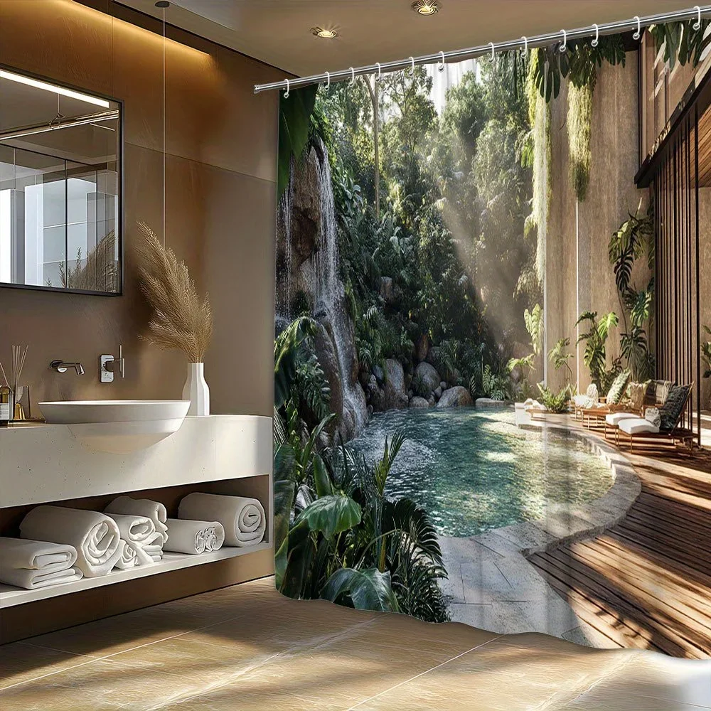 Tropical Pool Shower Curtain - Turquoise Waterfall Design, Lush Greenery, Wooden Deck, Luxe Bathroom Decor,  Polyester, Washab