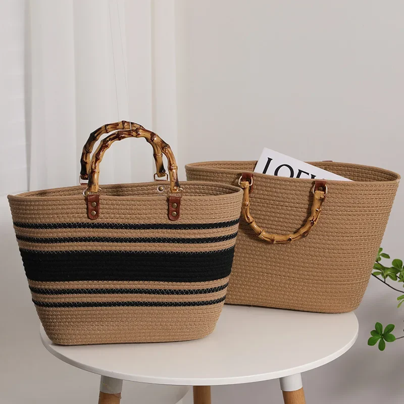 Bamboo Handle Women Handbags Cotton Thread Woven Tote Summer Stripe Beach Bags for Women 2024 Bohemian Basket Bag Boho Clutch