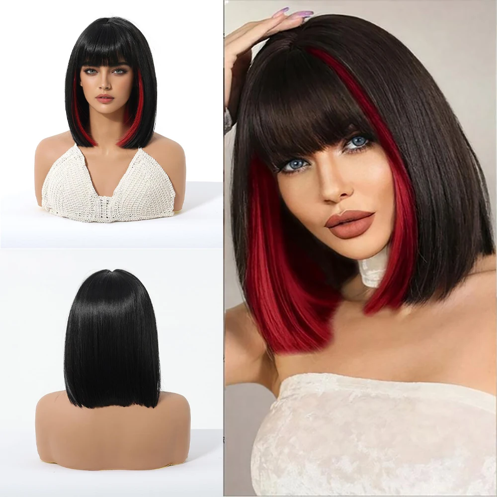 Short Straight Bob Wig With Bangs For Women Natural Looking Heat Resistant Synthetic Hair Multi-color Daily Party Cosplay Use