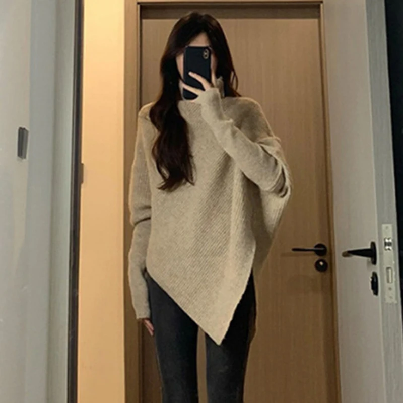 High Collar Irregular Sweater Women Korean Fashion Long Sleeve Jumpers Woman Autumn Winter Turtleneck Knitted Pullovers Female