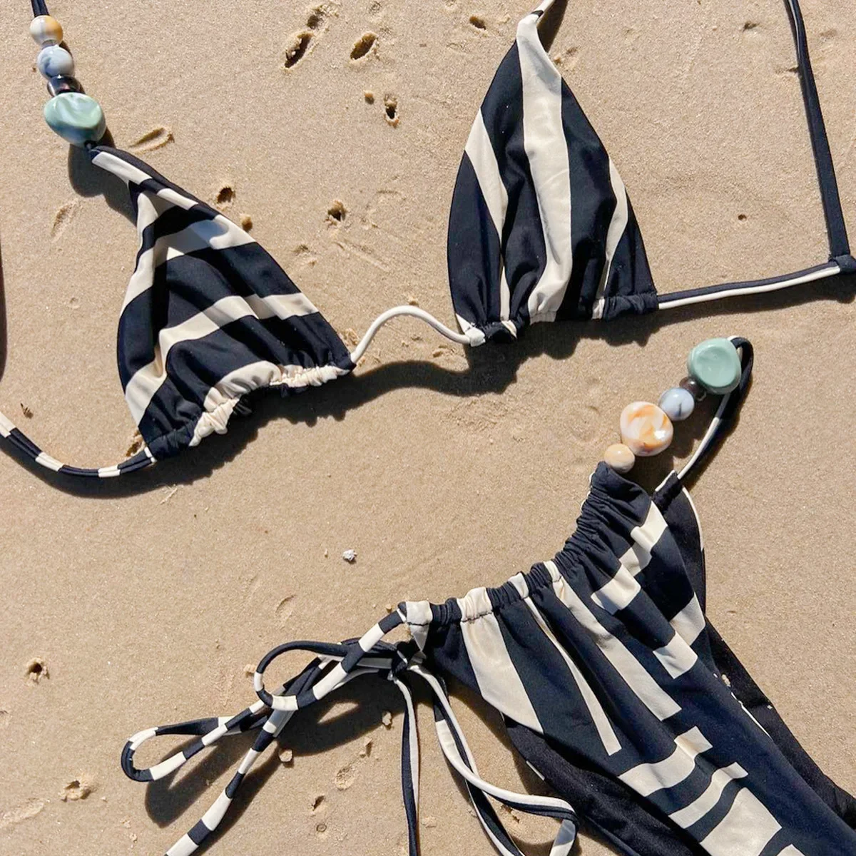 

2025 New Arrivals Women Striped Patchwork Swimsuit Sexy Backless Micro Bikini Set Bead Decor Bathing Suit Back Lace-up Beachwear