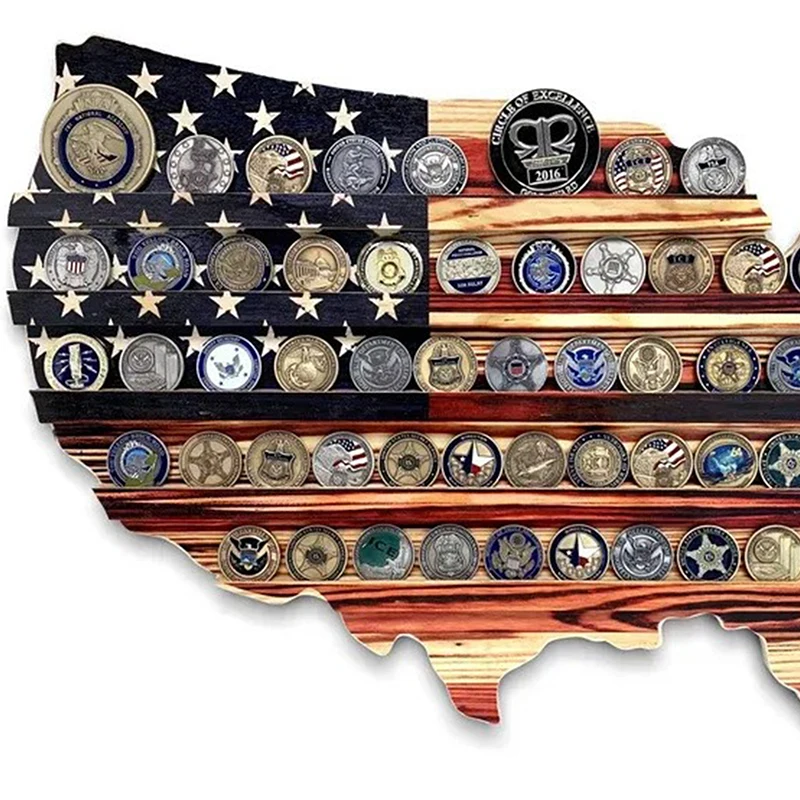 Wood America US Flag Challenge Coin Display U.S. Military Coins Stand Holds Challenge Coin Display Wooden Army Collectible Coins