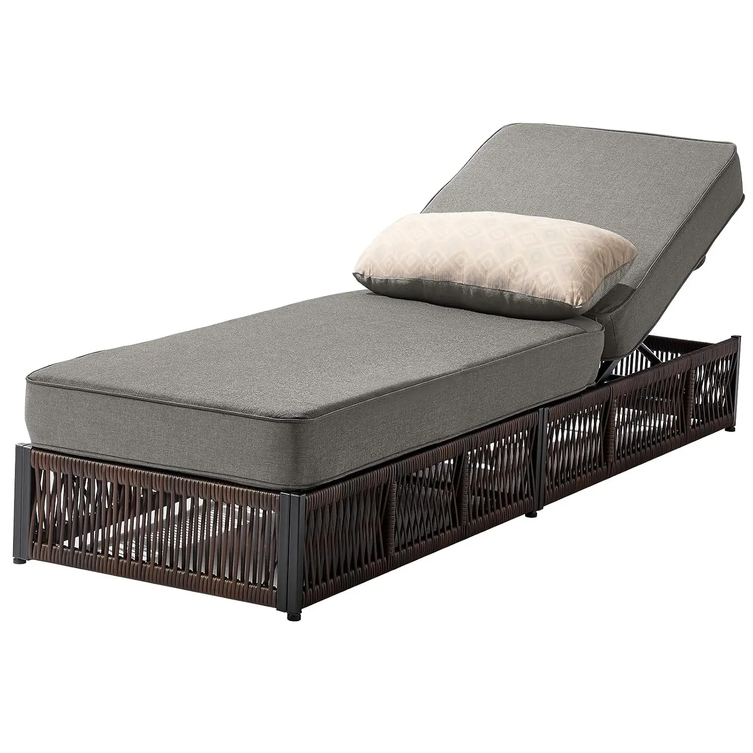 High Back Outdoor Chaise Lounge with 5 Inch Cushion, Brown Wicker Patio Recliner for Poolside Porch Sunbathing, Grey, Customized