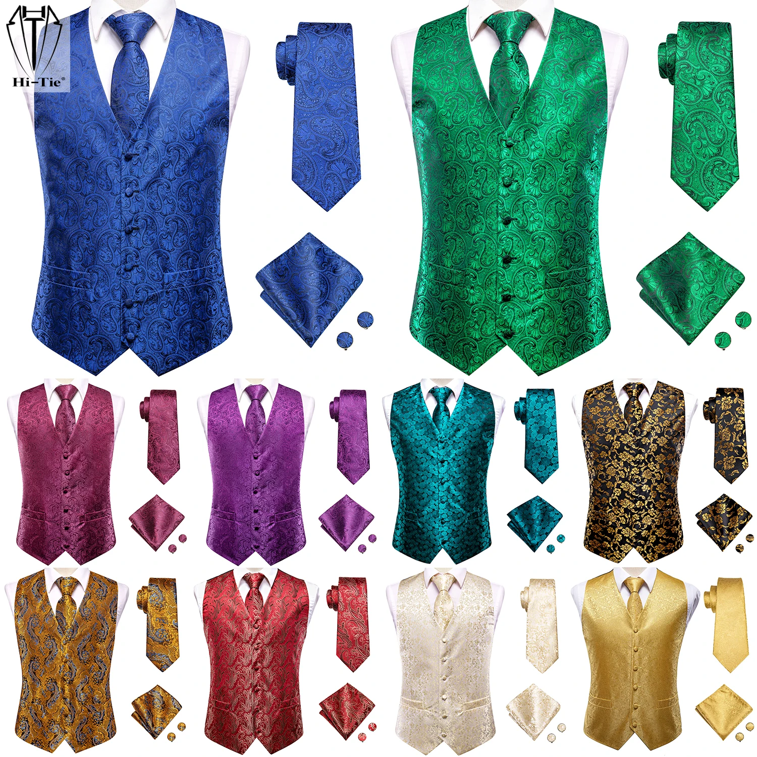 

Hi-Tie Silk Mens Vest Tie Set Suit Waistcoat Sleeveless Jacket Necktie Hanky Cufflinks Wedding Office Royal Blue Green Burgundy