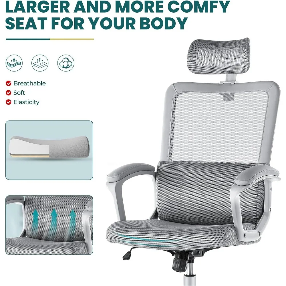 Ordenador de oficina ergonómico con respaldo alto, silla de trabajo rodante de malla con ruedas y reposacabezas ajustables, soporte Lumbar cómodo