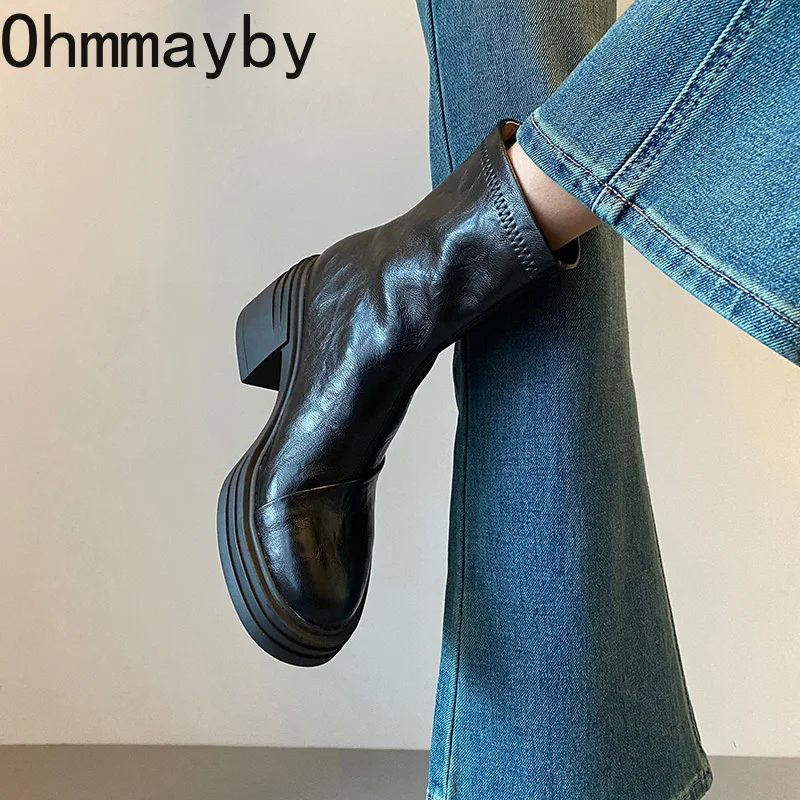 Designer Women Stretch Modern Ankle Boots Fashion Thick Heel Shoes Concise Short Botas De Mujer image 4