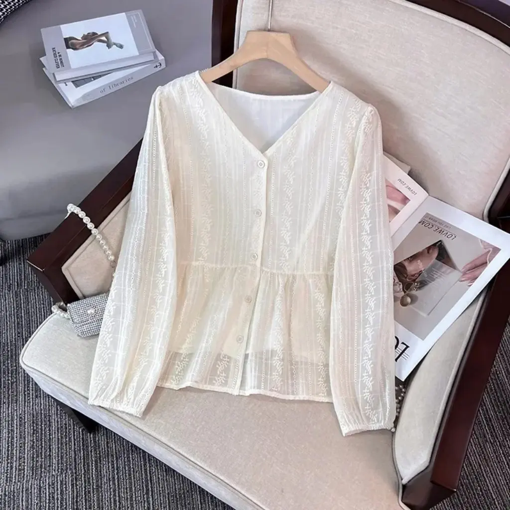 

Spring Autumn V-Neck French Top Slimming Long Short-Sleeved Tight Waist Women's Fashion All-Match Shirt