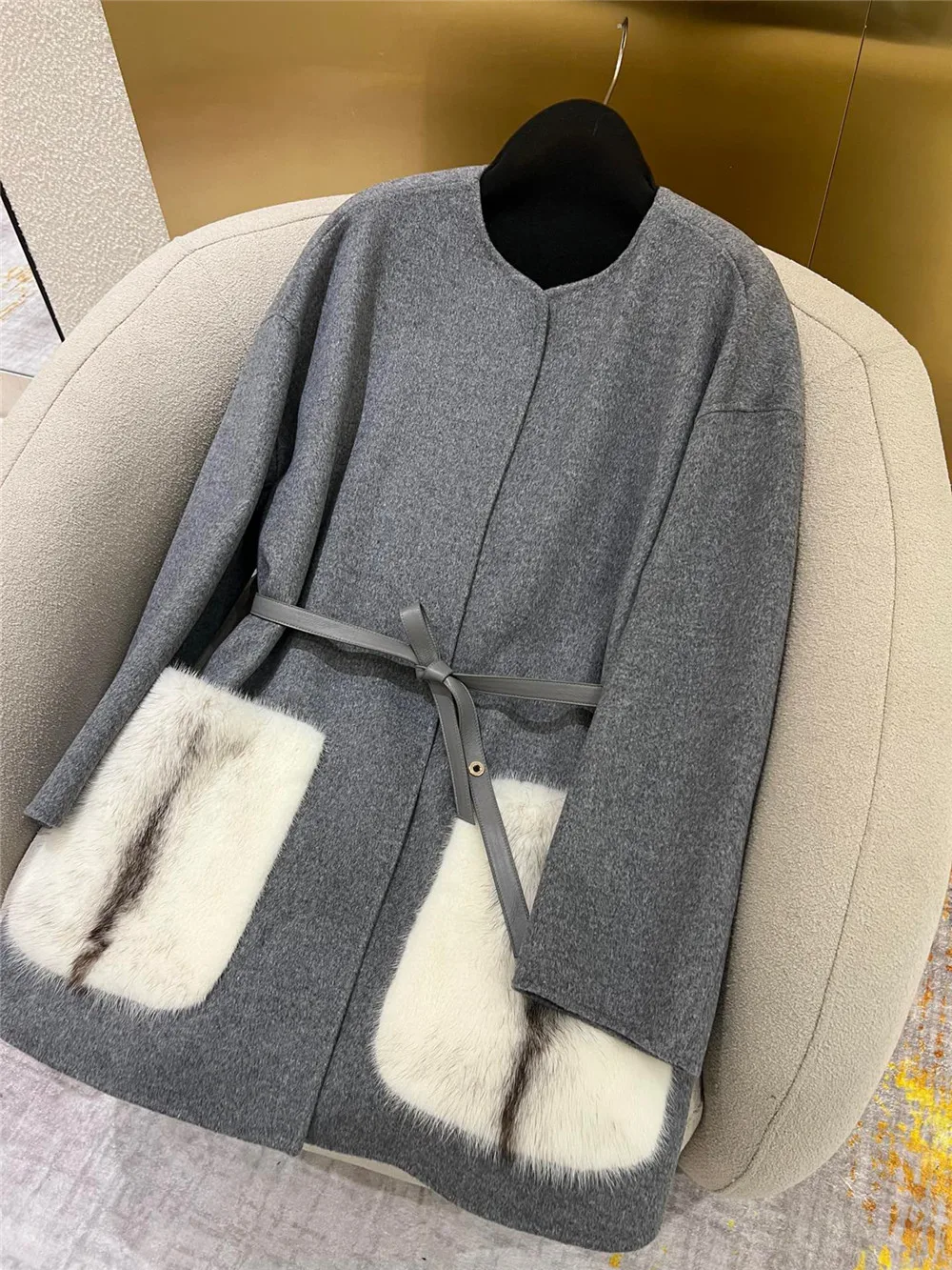 Imported Mink Fur Pocket Double-Faced Cashmere Coat Sheepskin Belt Mid- Long Light Luxury Outerwear 2024 Winter L*P