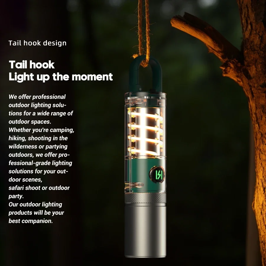 Powerful Zoom LED Flashlight USB Rechargeable Waterproof Torch Hook Hanging Side Tungsten Wire Camping Lamp with Lamp shade