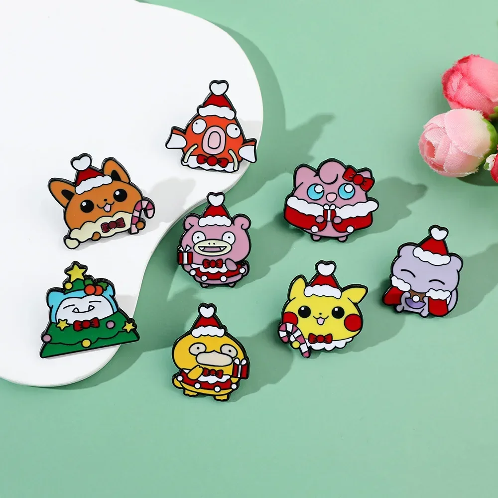 8PCS Pokemon Cartoon Enamel Brooch Christmas Theme Santa's Hat Badge Cute Pins for Backpack Jeans Scarf Jewelry Accessories Gift