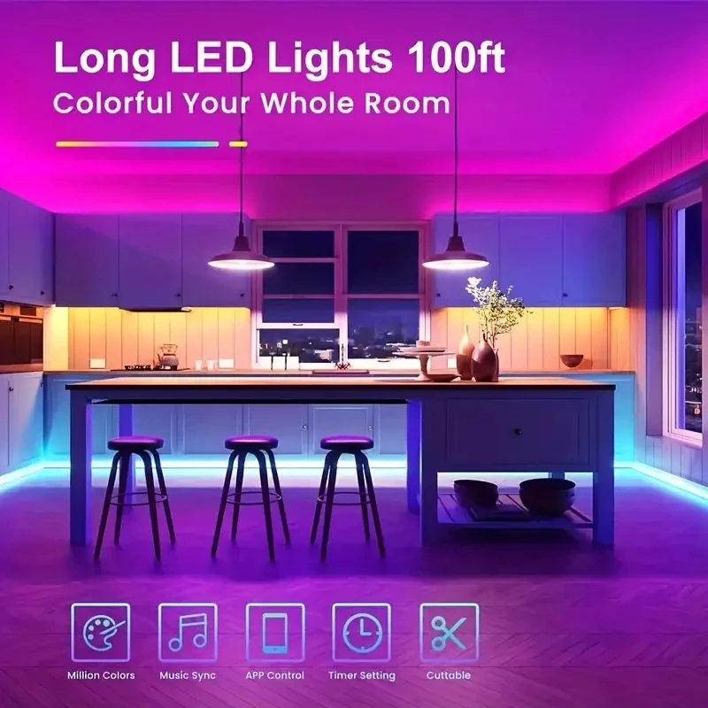 حزام إضاءة LED ذكي طويل جدًا بطول 230 قدم، يدعم توقيت التطبيق، تغيير لون RGB، مع جهاز تحكم عن بعد، مناسب للمهرجانات،